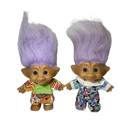 Troll Dolls Russ Vintage Set Of 2 Pajamas 90s 4” Purple Hair Jewel Belly Buttons - Picture 1 of 4